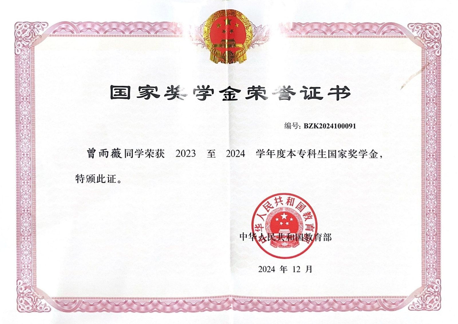国家奖学金(2023–2024 学年)